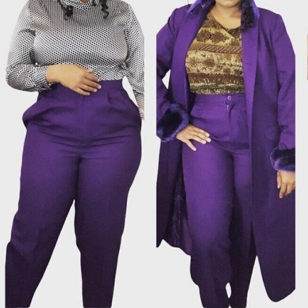 Roamans Women Purple Three-Piece Pants Skirt Suit Trench Jacket Size XL Faux Fur